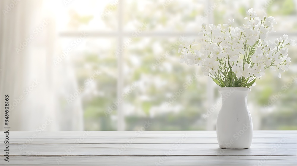 White wooden table with vase of white flowers and blurred window on spring background White wooden table with vase of white flowers and blurred window on spring background