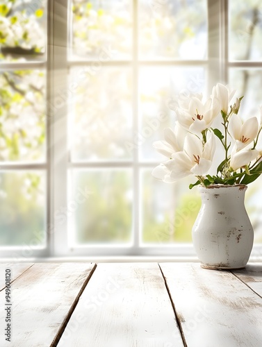 White wooden table with vase of white flowers and blurred window on spring background 