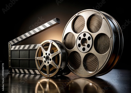 photo image of a vintage film clapper with a movie soundtrack symbol on the background of a matte black film reel