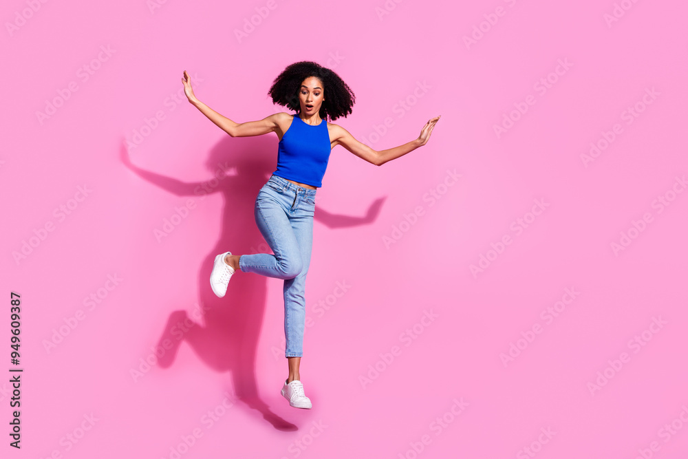 Photo of amazed girl jumping look down falling isolated pastel color background Photo of amazed girl jumping look down falling isolated pastel color background