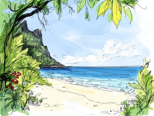 Hand-Drawn Coastal Beach Scene - Summer Vacation Concept Art Illustration
