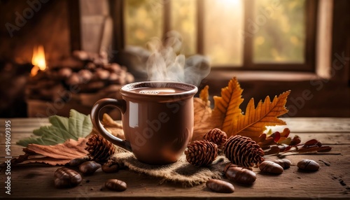 Rustic Cottage Autumn Setting Tabletop - cup of hot coffee on rustic wooden table surrounded by autumn leaves, acorns and pine cones. Graphic art illustration poster