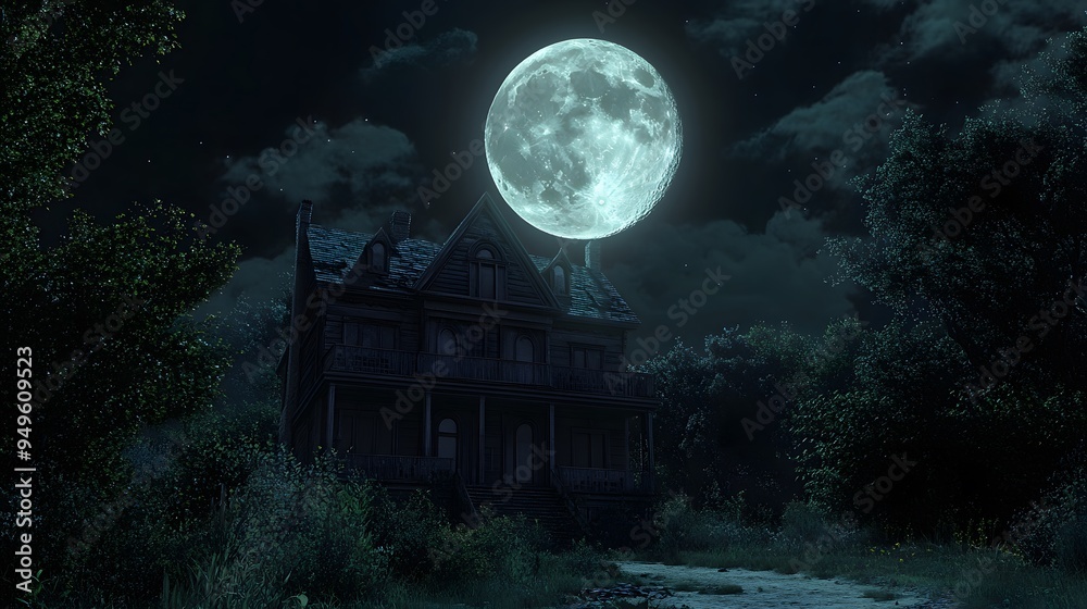 Fototapeta premium A full moon casting an eerie glow over a haunted house