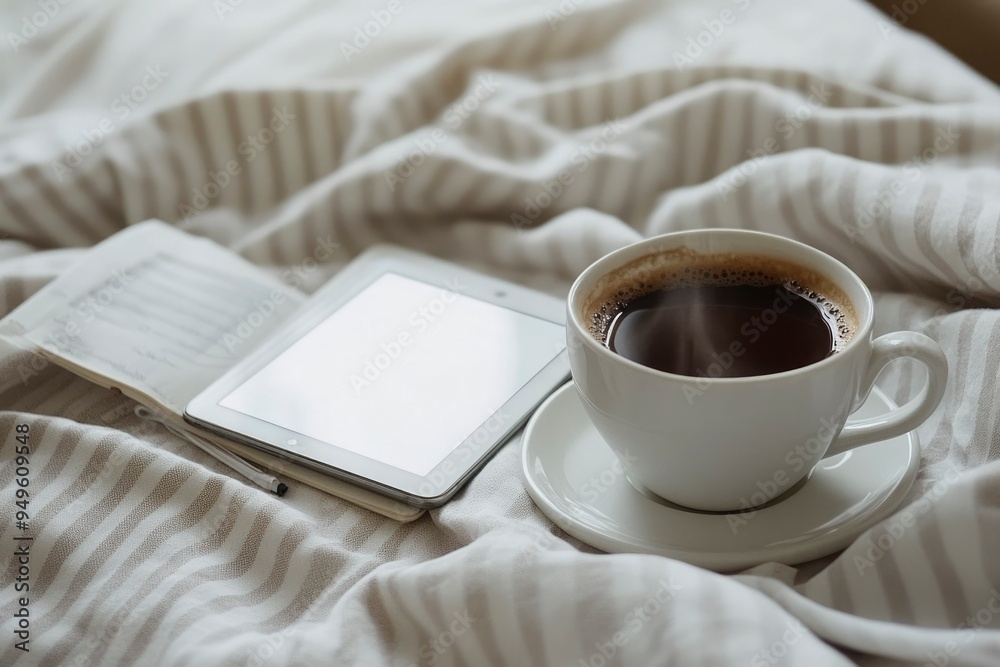 Coffee, Tablet, and Notebook on a Striped Bedspread Coffee, Tablet, and Notebook on a Striped Bedspread