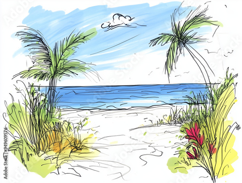 Hand-Drawn Coastal Beach Scene - Summer Vacation Concept Art Illustration