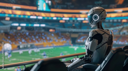 Futuristic robot watching a sports game at the stadium. photo