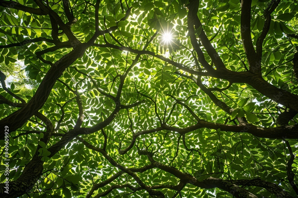 Sun shining through green tree leaves, creating patterns and shadows, Sunlight casting intricate patterns on a leafy canopy Sun shining through green tree leaves, creating patterns and shadows, Sunlight casting intricate patterns on a leafy canopy