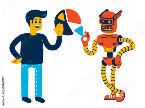 Man and robot make a pie chart together