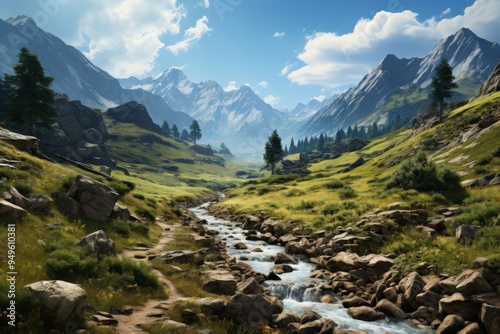 Breathtaking Mountain Landscape with Snow-Capped Peaks, Flowing River, and Lush Green Valley under a Dramatic Sunset Sky