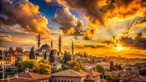 Golden hour Byzantium sky with warm orange hues and few puffy clouds, shot from a low angle with ancient cityscape in the distance, soft warm lighting, nostalgic mood, a realistic photo image.