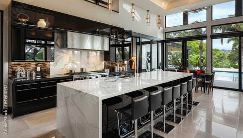 Modern Kitchen with Marble Island, Black Cabinets, and Pool View