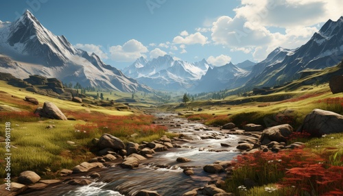 Breathtaking Mountain Landscape with Snow-Capped Peaks, Flowing River, and Lush Green Valley under a Dramatic Sunset Sky