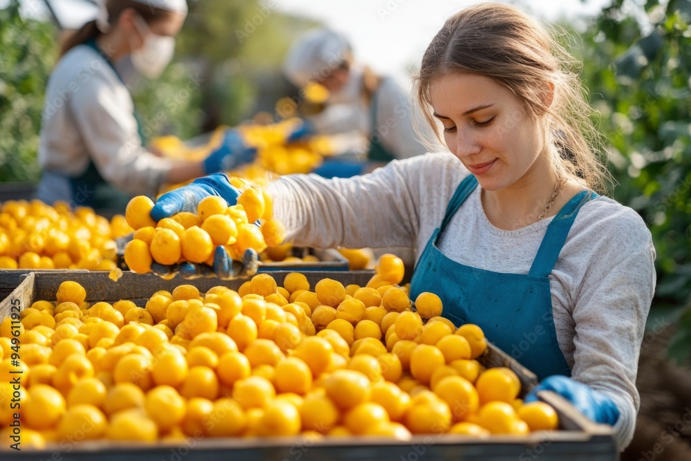 Obraz premium Woman Harvesting Ripe Yellow Fruit in a Crate