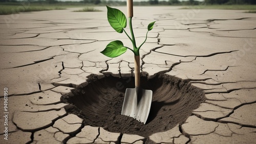 An abstract photograph of a desert in which a tree is planted, although the tree has already grown on the handle of a shovel