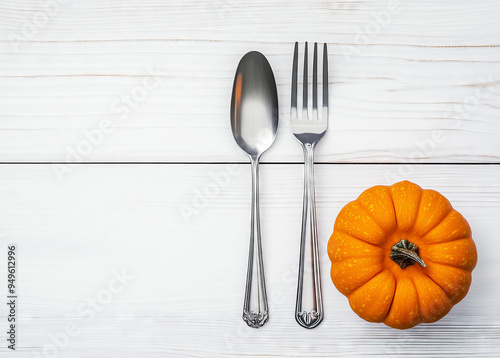 Photo of a pumpkin and autumn-themed silverware on a white wooden background, top view, copy space