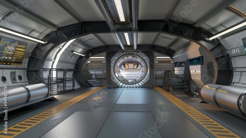 Futuristic spaceship corridor with circular door.