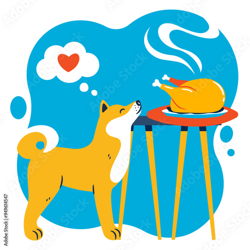 Dog sniffing a baked turkey