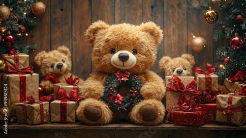 Christmas card with teddy bear, pacels on wooden background photo