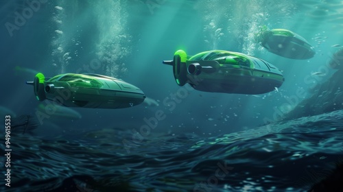 Futuristic submarines explore a deep sea environment. photo