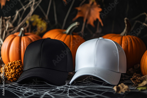 Black and white caps mockup, front view, Halloween background, closeup photo