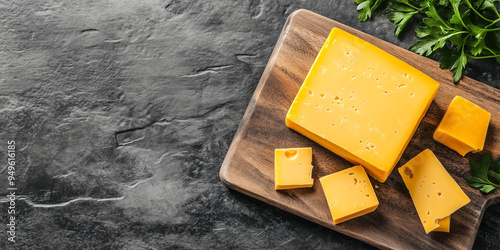 Whole block of cheddar cheese on a flat surface with a few slices removed