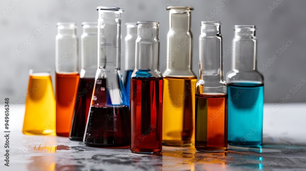 A group of containers holding fluids with various shades A group of containers holding fluids with various shades