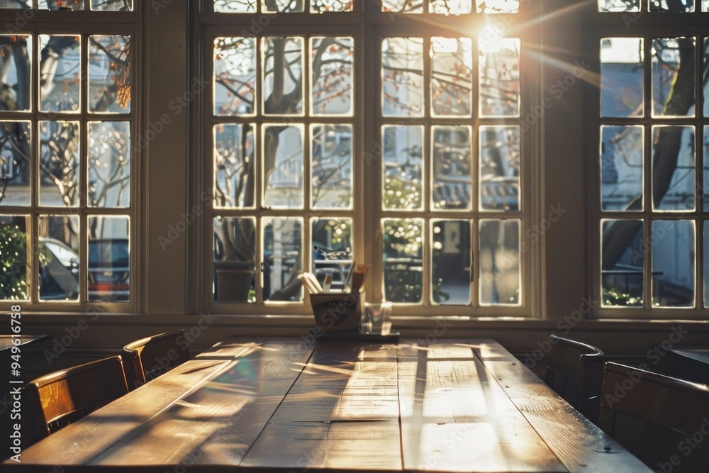A wooden table sits in front of a bright window with sunlight streaming in, Sunlight streaming in through large windows, illuminating the table A wooden table sits in front of a bright window with sunlight streaming in, Sunlight streaming in through large windows, illuminating the table