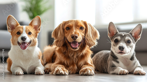 Three dogs of different breeds are lying on the floor and looking at the camera. Pet care.