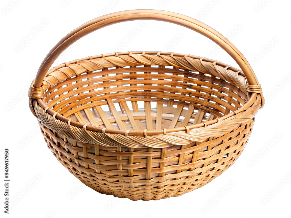 A woven bamboo basket with a single handle is isolated on a white background A woven bamboo basket with a single handle is isolated on a white background