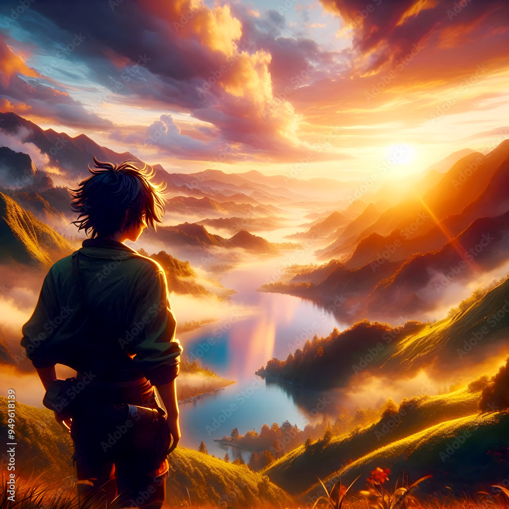 Obraz premium a man stands in a field with mountains in the background, ai generated