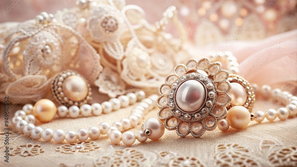 Whimsical and feminine elegance of antique jewelry pieces against soft romantic blush-toned background with delicate lace details Whimsical and feminine elegance of antique jewelry pieces against soft romantic blush-toned background with delicate lace details