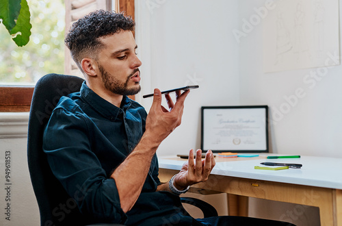 Business, man and office with smartphone for voice note with conversation, networking and communication. Male person, employee and socila media for connection and consultation as graphic designer photo