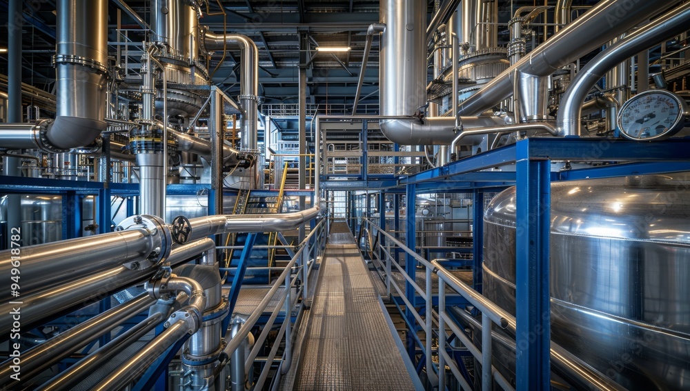 Industrial Piping System with Walkway and Tank in a Factory