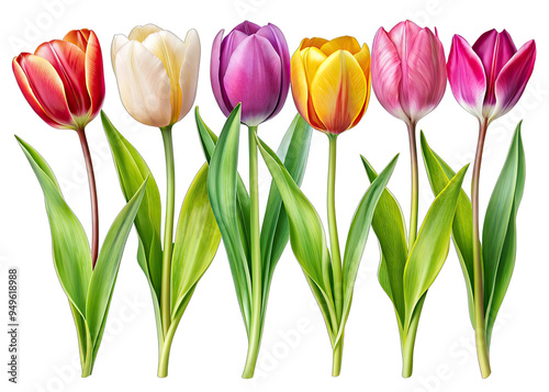 A close-up view of seven vibrant tulips with green stems and leaves arranged in a row on a white background photo