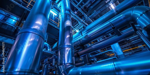 Blue Industrial Pipes and Metal Framework in a Dark Setting