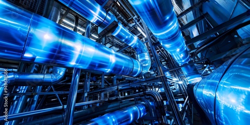 Industrial Piping Network in a Blue Lit Factory photo