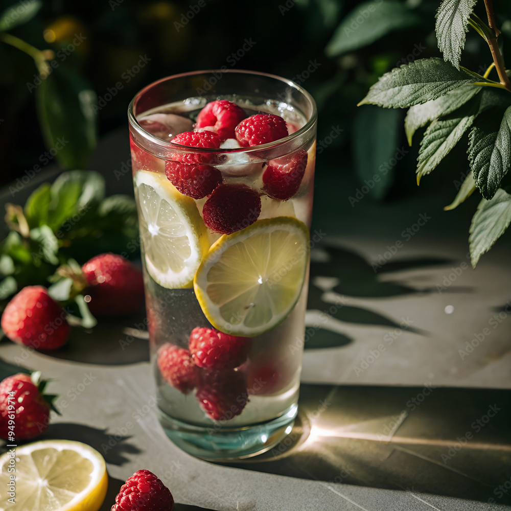 Capture a tall glass of raspberry lemonade with fresh raspberries and lemon slices floating inside Capture a tall glass of raspberry lemonade with fresh raspberries and lemon slices floating inside