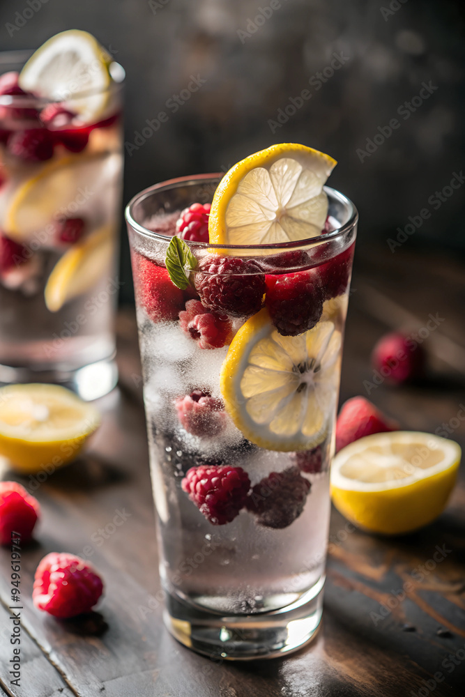 Capture a tall glass of raspberry lemonade with fresh raspberries and lemon slices floating inside Capture a tall glass of raspberry lemonade with fresh raspberries and lemon slices floating inside