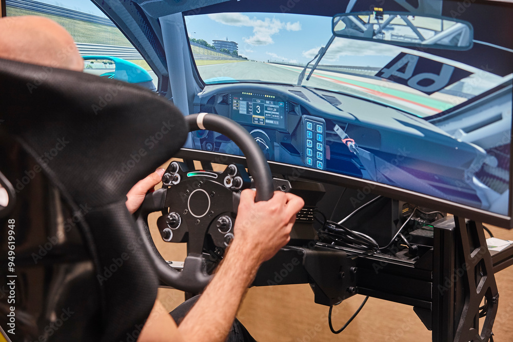 Race driving simulator console player. Video game control and perfomance.