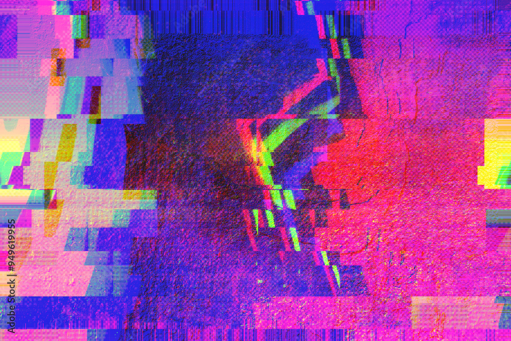 Abstract digital motion glitch art distorted background with pink, blue ...