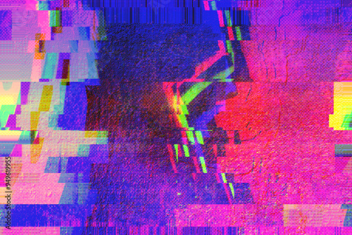 Abstract digital motion glitch art distorted background with pink, blue, purple pixelated texture. Psychedelic 8bit retro futurism, cyberpunk, webpunk, rave 80s 90s aesthetic techno neon colors design