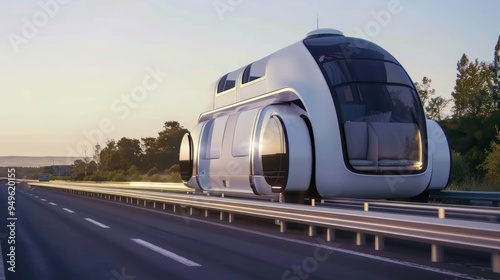 Futuristic vehicle driving on a highway at sunset.