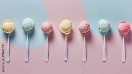 Colorful Ice Cream Scoops on Spoons with Pastel Background