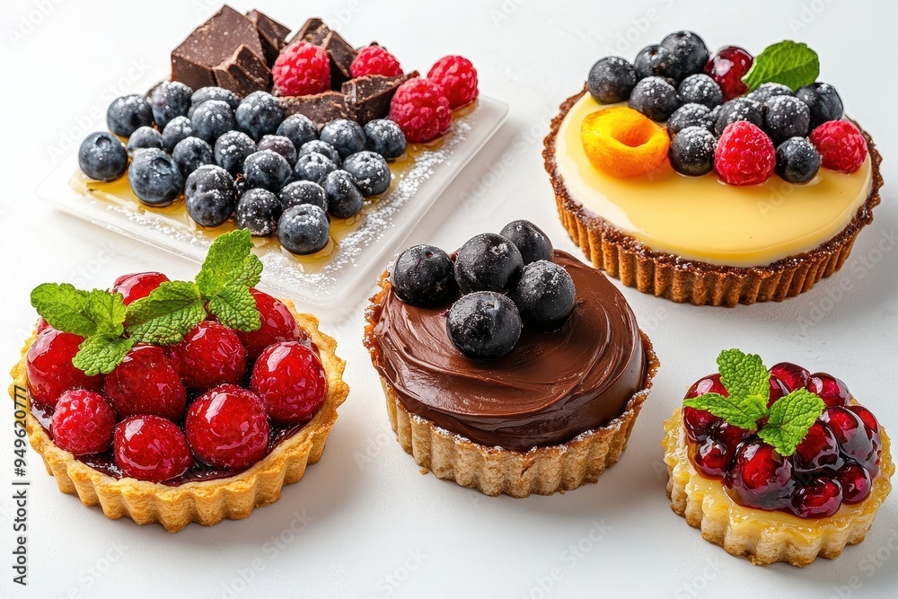 A selection of colorful desserts featuring tarts with fruits and chocolate. A selection of colorful desserts featuring tarts with fruits and chocolate.