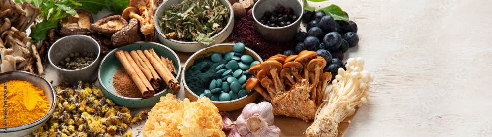 Adaptogen healthy food. Herb and spice collection on light background Adaptogen healthy food. Herb and spice collection on light background