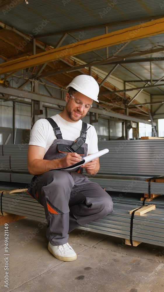 Warehouse worker writes out the invoice before sending metal profile Warehouse worker writes out the invoice before sending metal profile
