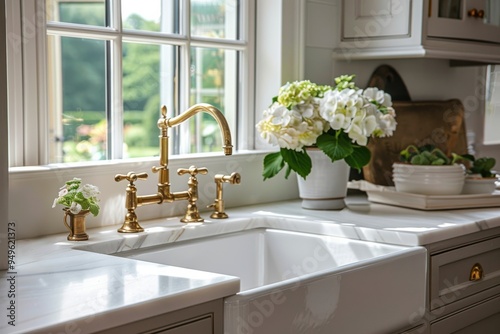 A kitchen sink with a gold faucet and a white sink basin