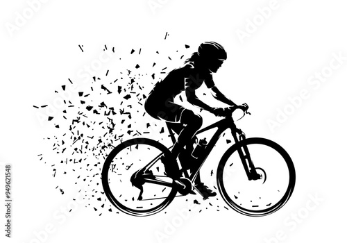 Mountain bike racing, woman riding mountain bike, isolated vector silhouette, side view