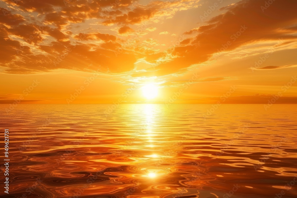 Fototapeta premium The sun is setting over the water, creating a golden glow on the horizon, Sun setting over the horizon, casting a golden glow