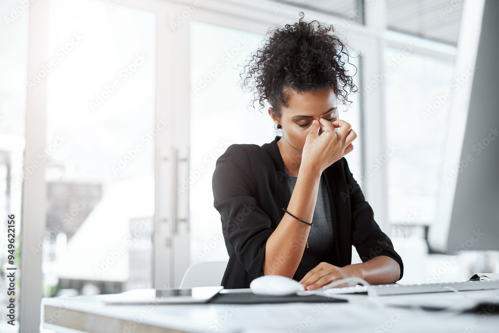 Headache, thinking and woman in office, computer and stress of research, online and journalist on desk. Company, digital and reporter with keyboard for editing of story for blog, news and migraine Headache, thinking and woman in office, computer and stress of research, online and journalist on desk. Company, digital and reporter with keyboard for editing of story for blog, news and migraine